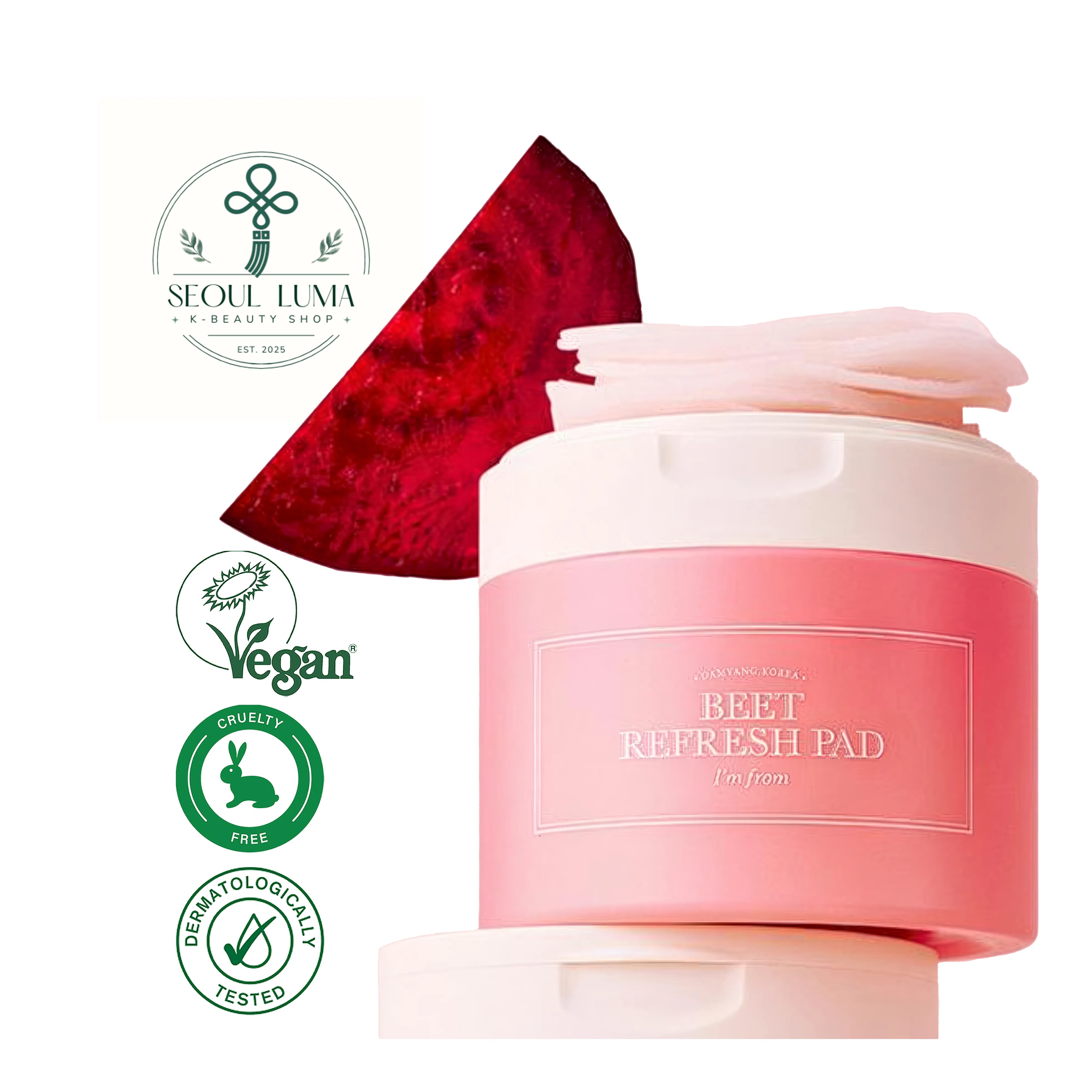 I'M FROM Beet Refresh Pad 60 count with 20% organic red beet extract, triple-layer technology, and 260ml essence for hydration and brightening